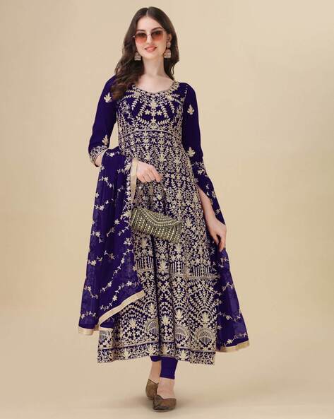 Embroidered Semi-Stitched Anarkali Dress Material Price in India