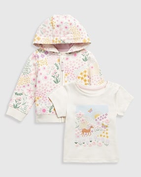 mothercare Girls Floral Print Snug Fit Cotton Hoodie with T-Shirt-picture-39