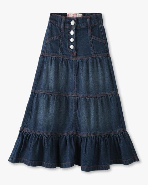 Girls Denim Tiered Maxi Skirt