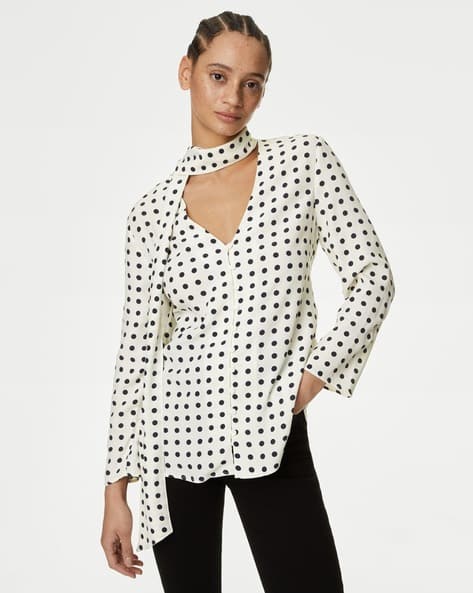 Polka Dot Scarf Neck Blouse