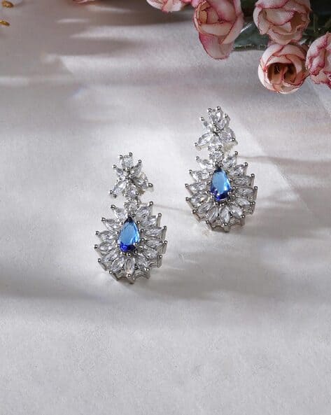 Women Silver-Plated Gemstone-Studded Drop Earrings