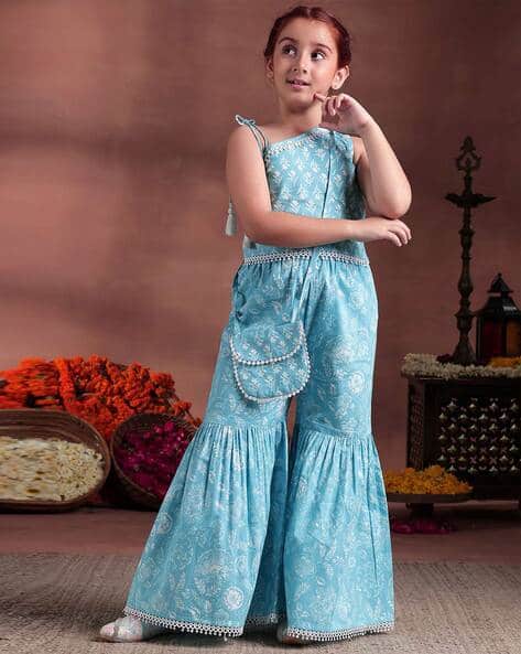 Girls Floral A-Line Top Sharara Suit Set with Bag
