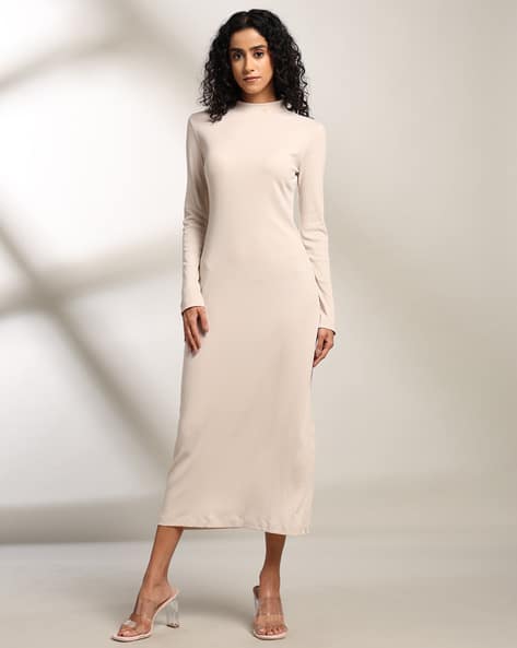 Women Ribbed High-Neck Sheath Dress