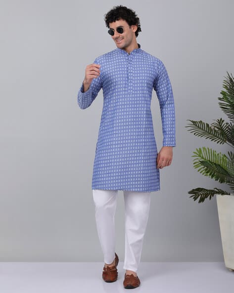 Men Printed Relaxed-Fit Long Kurta with Mandarin Collar