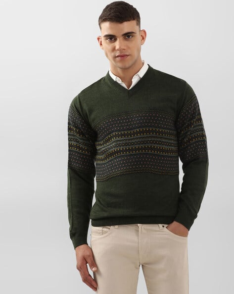PETER ENGLAND CASUALS Men Patterned Regular Fit V-Neck Pullover
