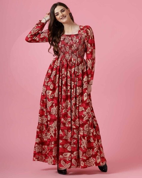 Women Floral Fit & Flare Dress with Full-Length Sleeves