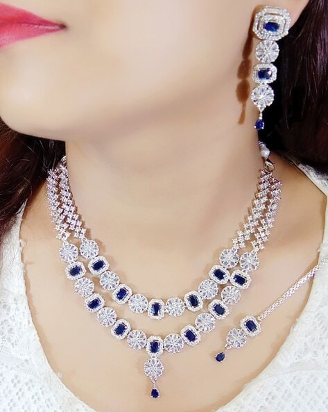 Women Silver Plated Stone Studded Jewellery Set