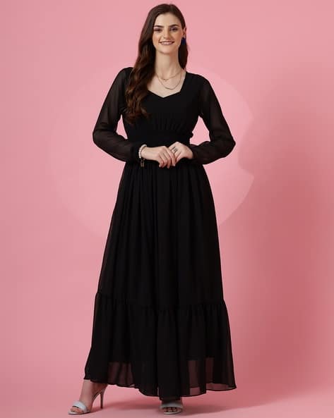 Long Black Dress Ladies Full Length Dresses Black Square Neck