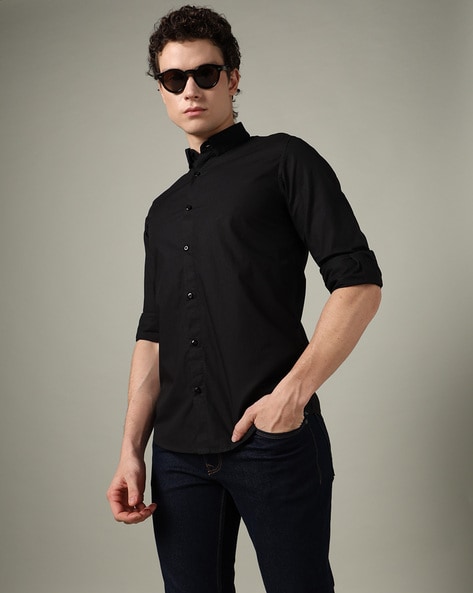 Men Regular Fit Shirt with Spread Collar