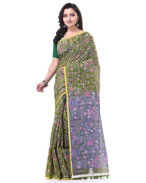 Tantloom Woven Tribal Palki Print Cotton Silk Handloom Saree with Contrast Border