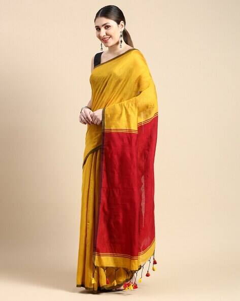 Tantloom Women Handloom Cotton Silk Saree with Tassels