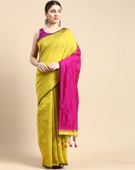 Tantloom Women Handloom Cotton Silk Saree with Tassels