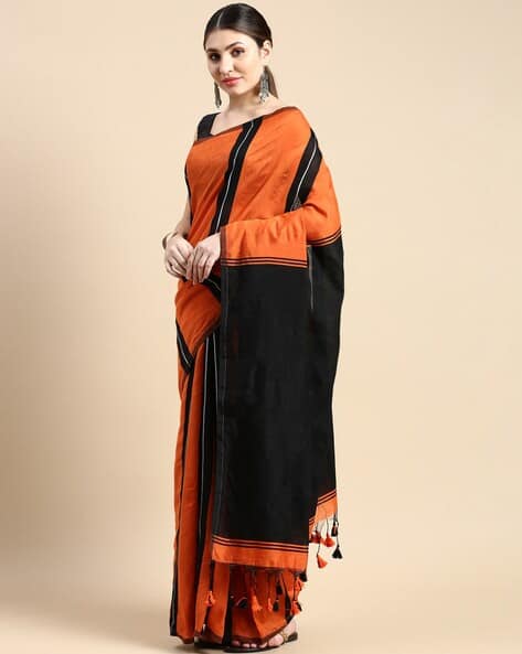Tantloom Woven Cotton Silk Saree with Contrast Pallu & Tassels