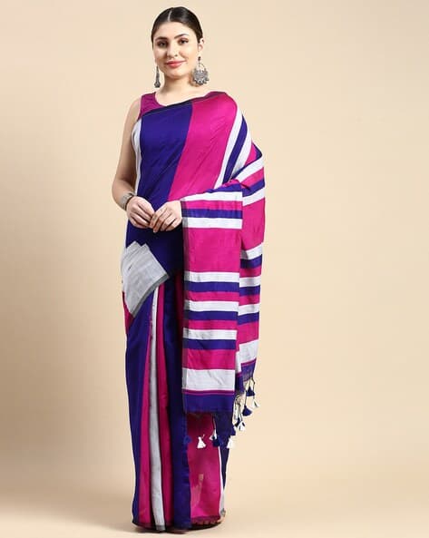 Tantloom Women Colour Block Handloom Cotton Silk Saree with Tassels