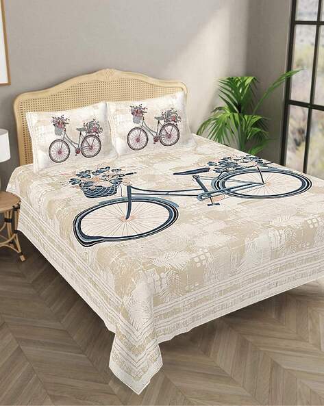 Bombay Spreads Cycle Print Cotton King-Size Bedsheet with Pillow Covers