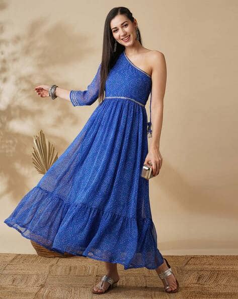 Women One Shoulder Bandhani Print Fit Flare Dress Maxi Dress