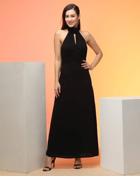 Women Halter Neck Tie-Up Back Fit Flare Maxi Party Dress