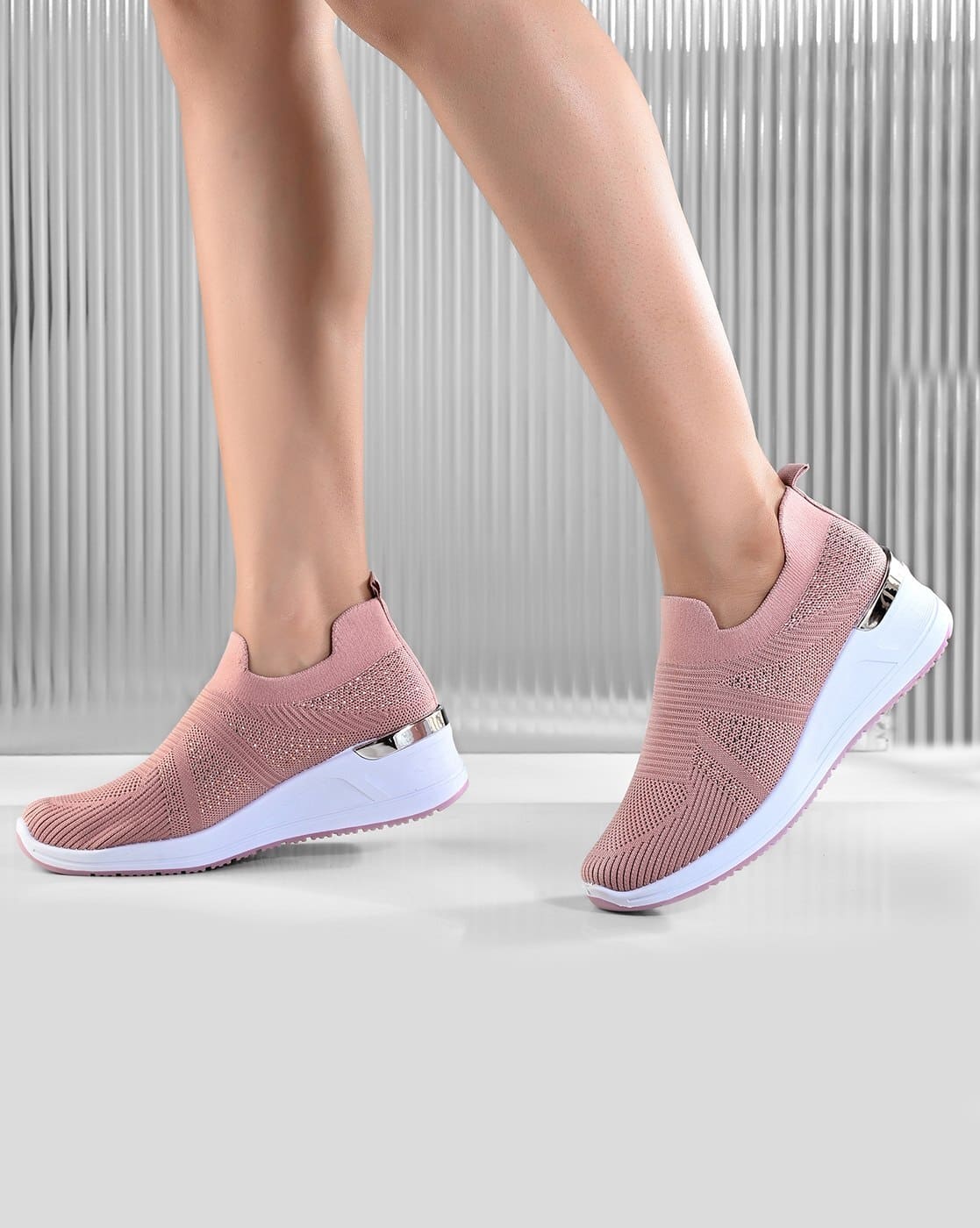 Pink Knitted Trainers Ladies Lace Up Knitted Sock Trainers