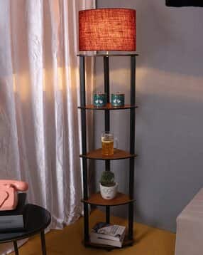 Wooden Shelf Floor Lamp with Jute Drum Shade