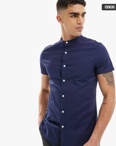 Men Slim Fit Grandad Collar Shirt with Roll-up Sleeves