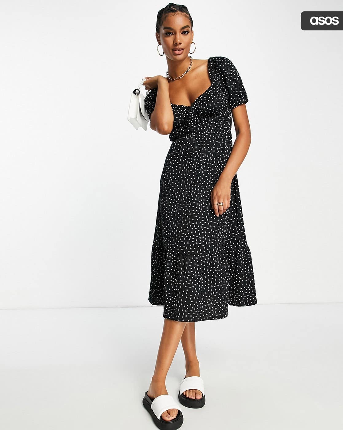 blue dress for baby girl Black And White Polka Dot Wrap Over Top Frill Hem Midi Dress – AX Paris