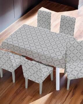 Set of 6 Geometric Print Chair Covers with 6-Seater Dining Table Cover-image-20