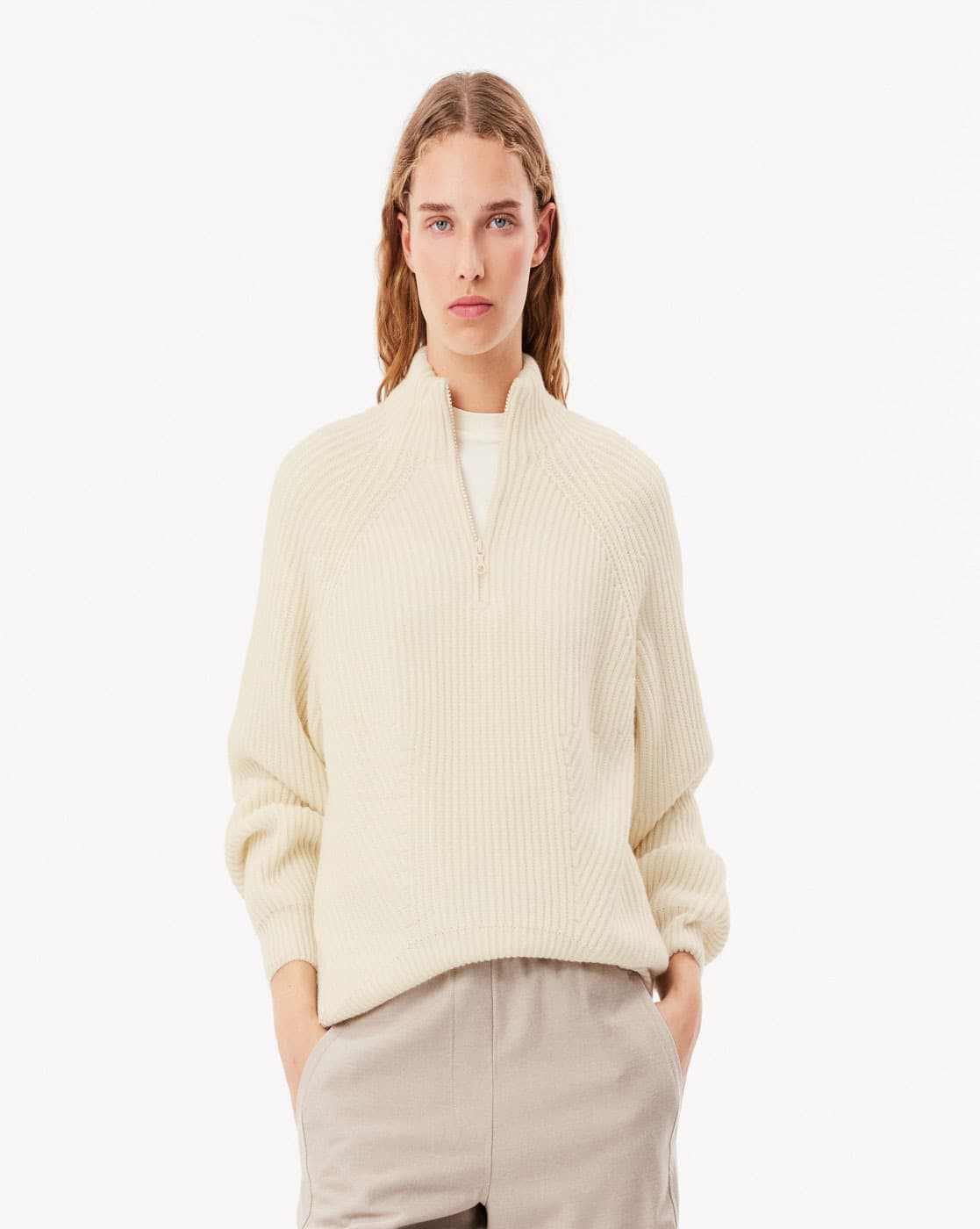 トップス COTTON YAKWOOL HENRY-NECK LT Thick Carded Wool Zip Neck Sweater