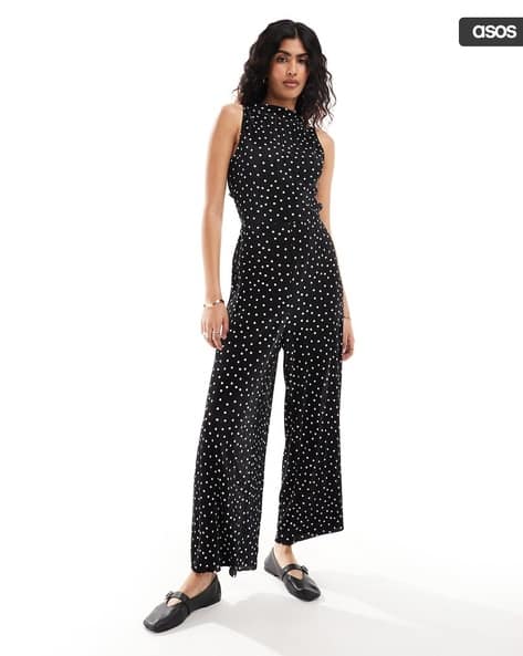 Women Polka Dot Plisse Sleeveless High-Neck Wide-Leg Jumpsuit