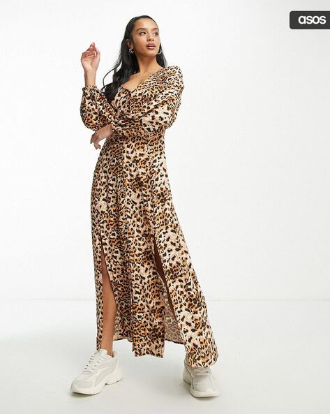 WomenLeopard Print Petite Long Sleeve Button Through Maxi Dress