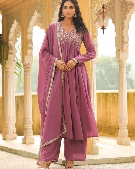Women Embroidered Flared Kurta with Palazzos & Dupatta