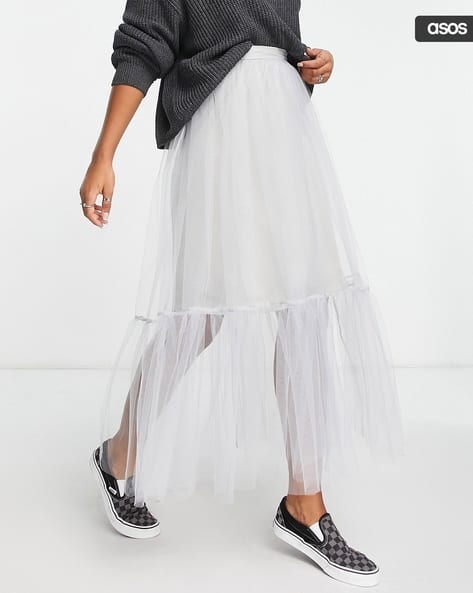 Asos Design White Denim Skirt Tall Women Tulle Tiered Maxi Skirt