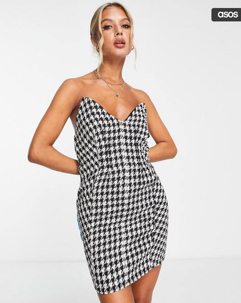 Women Tweed Dogtooth Plunge Bandeau Mini Dress