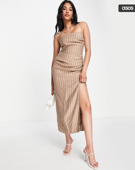 Women Seersucker Drape Neck Midi Dress with Open Back