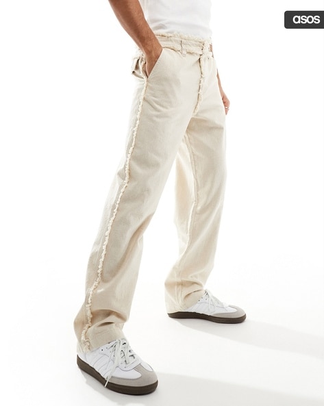 Men Relaxed Fit Trousers with Frayed Seams