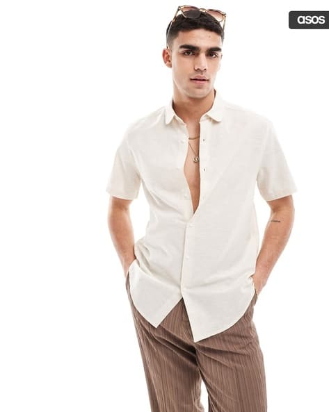 ASOS DESIGN Men Regular Fit Linen Shirt with Penny Collar