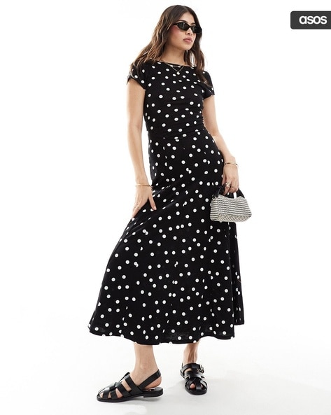 Women Polka Dot Short Sleeve Low Back Maxi Dress