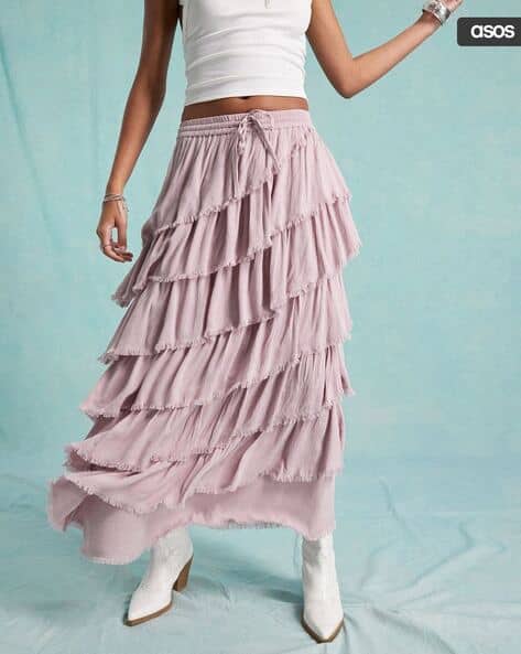 Women Miss Selfridge Asymmetric Tiered Frayed Edge Maxi Skirt