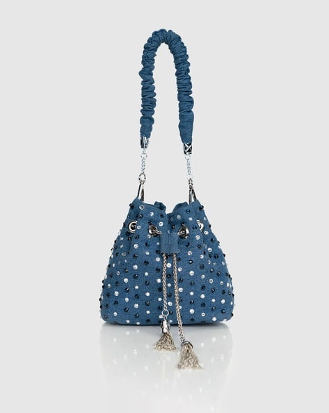 Women Embellished Handmade Stardust Denim Bucket Bag with Tassels