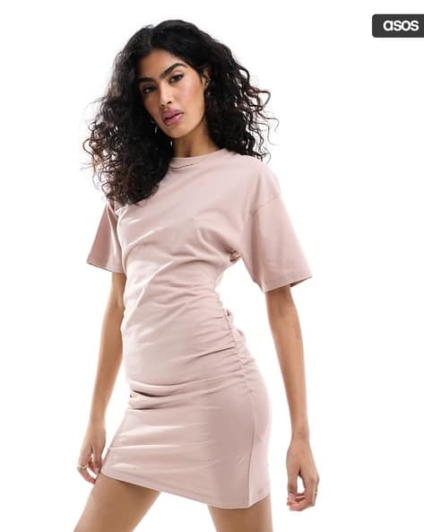 Women Ruched Crew-Neck Mini T-Shirt Dress