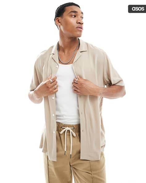 Men Relaxed Fit Viscose Shirt with Revere Collar