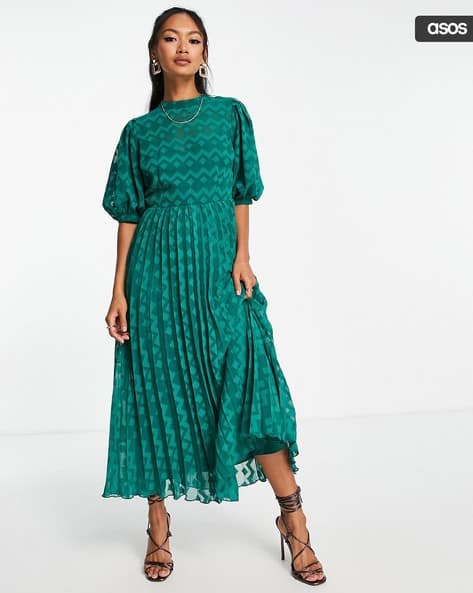 Women Chevron Print Puff Sleeve Fit Flare Dress