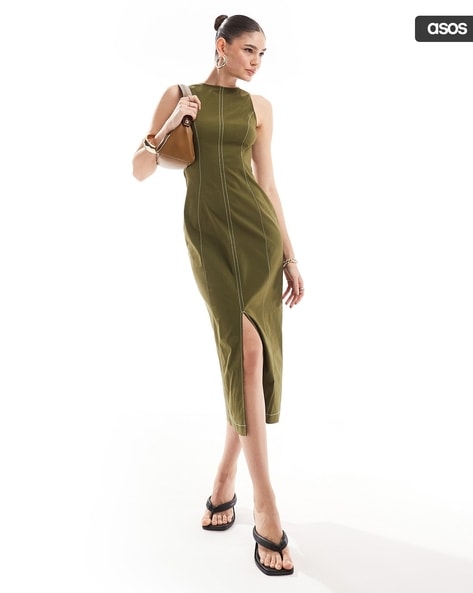 Women Topstitch Midi Dress