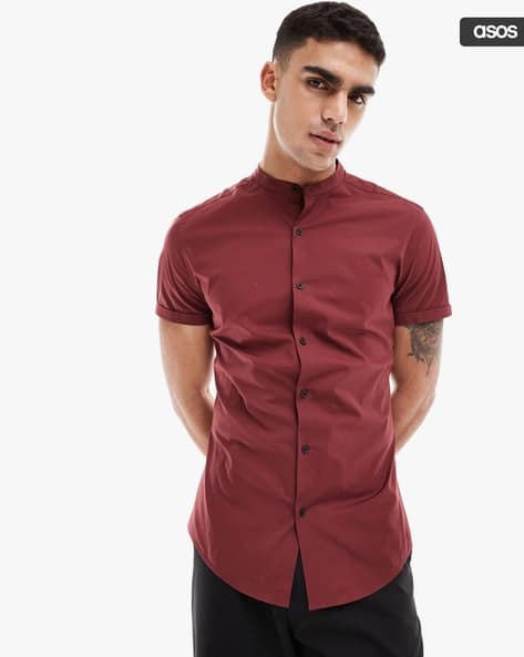 Men Skinny Fit Grandad Shirt with Roll-Up Sleeves