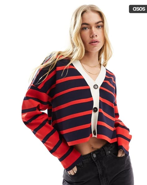 Navy Asos Womens Sweaters Women Stripe-Knit V-Neck Cardigan