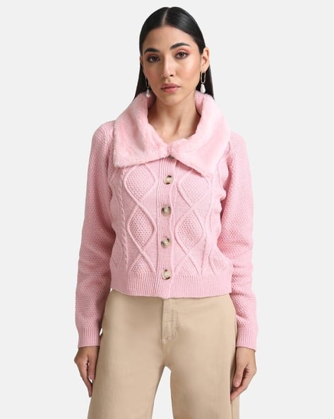 Women Cable-Knit Cardigan with Fur Collar