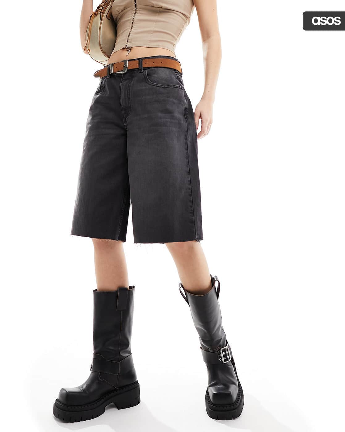 Women Light-Wash Longline Denim Baggy Shorts