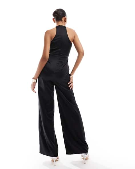 Women Halter-Neck Racer Wide-Leg Satin Jumpsuit