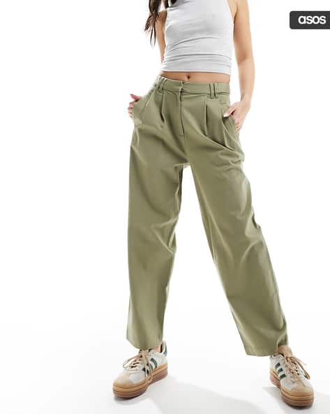 ASOS DESIGN Women Pleated Barrel Leg Chinos with Button Tab Detail