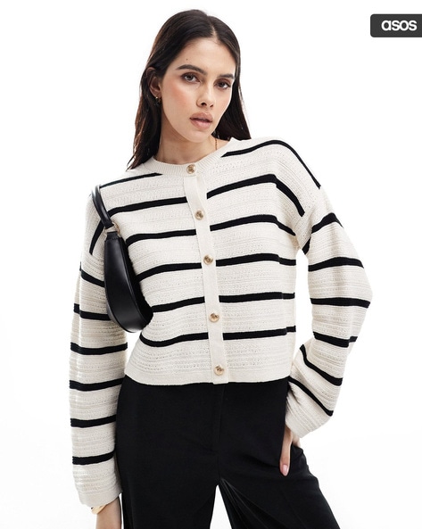 Women Striped Crew Neck Cardigan with Gold Buttons