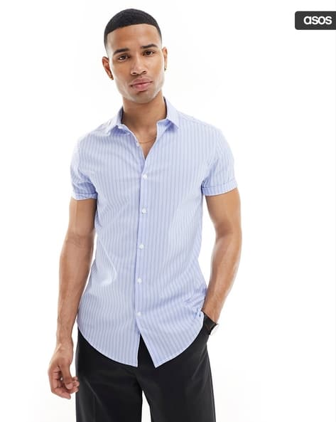 Men Striped Short Sleeve Slim Fit Work Shirt
